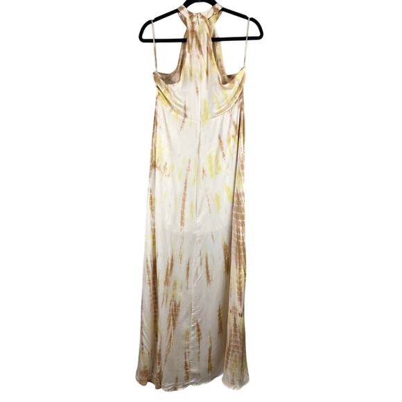 Asos Stradivarius Yellow Cream Brown Tie Dye Thigh Split High Neck Maxi Dress - Picture 3 of 7